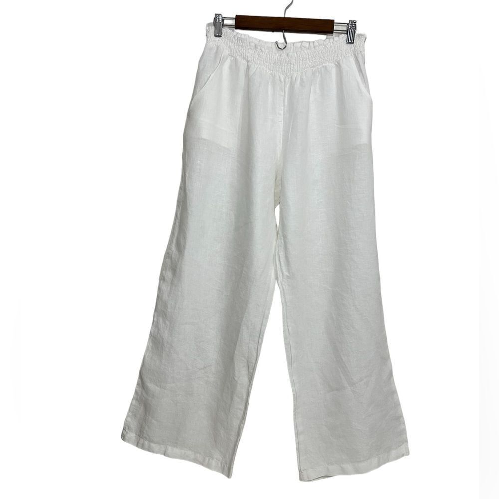 Johnny Was White Linen Pants Paper Bag Waist Wide Leg Size XL
